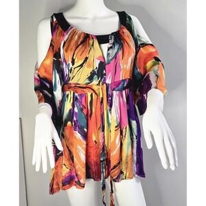 Muse Boston Proper 100% Silk Cold Shoulder Top Size 10 Women's Multicolor Boho